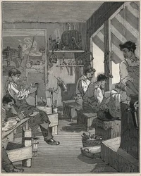 Fabricage van kammen in een werkplaats in Frankrijk in de 19e eeuw. Gravure uit 1885 in 