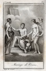 Huwelijk tussen Mars en Venus. Gravure uit 1819 in "Lettres à Emilie sur la mythologie" door Charles Albert Demoustier (1760-1801). Privécollectie.