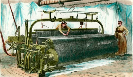 Weefgetouw voor mechanisch weven in een grote fabriek. Gravure rond 1860