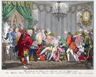 Dood van Gustaaf III van Zweden (1746-1792) - De moord op koning Gustaaf III op 16 maart 1792 - Anoniem - 1792 - Ets, aquarel - 33,5x46,3 - Privécollectie