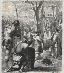 Otto I, Heilige Roomse Keizer ontvangt communie voor de Slag bij Lechfeld (955) - De Duitse Keizer Otto I (Othon) (912-973) ontving communie voor de Slag bij Lechfeld in 955 - gravure uit 1864