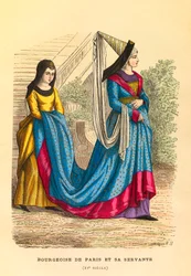 Portret en kostuum van een bourgeois uit Parijs met haar dienstmeid in de 15e eeuw