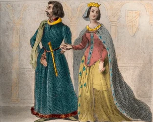 Portret van Charlotte de Savoie (1441-1483) koningin van Frankrijk, met Lodewijk XI van Frankrijk, bekend als de Voorzichtige (1423-1483). Gravure uit 1859 in Le Monde. Geschiedenis van alle volkeren vanaf de vroegste tijden tot heden. door M. E. de Lostal