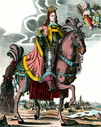 Portret van Leopold I, Heilige Roomse Keizer - Ruiterportret van Leopold I (1640 - 1705) Koning van Hongarije, Bohemen, Dalmatië, Kroatië en Duitse Keizer. Gravure uit de 17e eeuw. Privécollectie