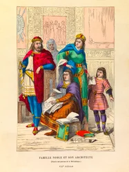 Portret van een adellijke familie met hun architect in de 7e eeuw, gravure - privécollectie