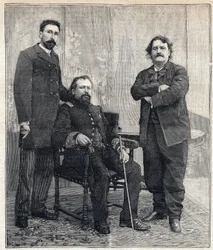 Portret van de drie "Academici": Marius Tournade, Achille Le Roy en Maxime Lisbon (1839-1905) die de Franse Academie wilden belachelijk maken. Gravure in "Le Petit Parisien" op 4/06/1893.