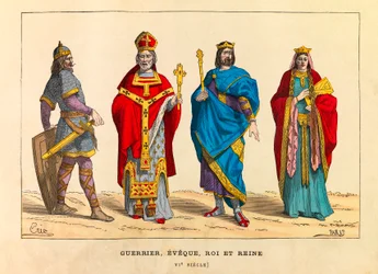 Portretten en kostuums van een krijger, een bisschop, een koning en een koningin in de 6e eeuw, gravure