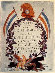 Affiche van de Franse Revolutie: „Eenheid en ondeelbaarheid van de Republiek, vrijheid, gelijkheid, broederschap of de dood“