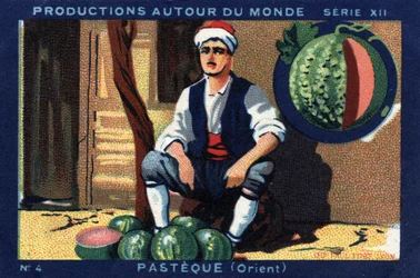 Producties over de hele wereld: watermeloen in het Oosten. Chromolithografie van 1933 in 