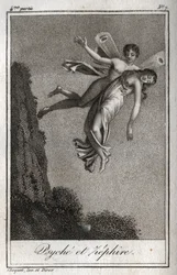 Psyche meegenomen door Zephyr. Gravure uit 1819 in "Lettres à Emilie sur la mythologie" door Charles Albert Demoustier (1760-1801). Privécollectie.