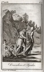 Voorstelling van Deucalion en Pyrrha, de enige overlevenden na de zondvloed veroorzaakt door Zeus om het menselijk ras te vernietigen. Themis vraagt hen na de zondvloed om met bedekt hoofd achter zich de botten van hun moeder (de stenen van de Aarde) te go