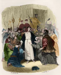Sint Jan van Avila (1499-1569) beschuldigd van ketterij door de inquisitie in de 16e eeuw. Illustratie in 