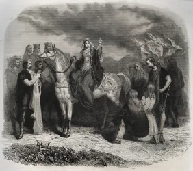 Sint Radegonde (Radegonde de Poitiers, 519-587) verbrandde een heidense tempel en bekeerde de Galliërs tot het christendom. Gravure uit 1846 in Lives of the Saints. Privécollectie