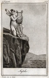 Sapho (of Sappho, 7e eeuw v.Chr.), Griekse dichteres uit de oudheid. Gravure uit 1819 in 