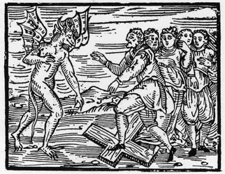 Satan dwingt zijn toekomstige discipelen om op het kruis te lopen - "Compendium Maleficarum", behandelt heksen, hun kwaad en hun toverkunsten door Francesco Maria Guazzo of Guaccio of Guaccius (15?? -16??) 1608 Privécollectie.