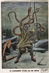 Duiker aangevallen door een octopus. Gravure in "Le Petit Journal", op 16/06/1912. Privécollectie.