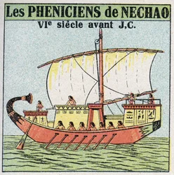 Schepen: Fenicische zeelieden in dienst van farao Nechao in de 7e eeuw v.Chr. Anonieme illustratie uit 1925. Privécollectie.