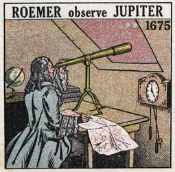 Snelheid van licht: Deense astronoom Ole Christensen Romer (Olaus Roemer) (1644-1710) observeert de verduisteringen van de satellieten van Jupiter in 1675-1676 en gebruikt deze om de snelheid van licht te meten. Anonieme illustratie uit 1925. Privécollecti