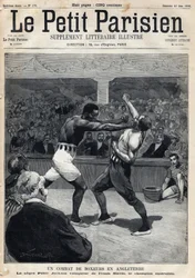 Bokswedstrijd in Engeland tussen Peter Jackson en de Australische kampioen Frank Slavin. Gravure. Uit de krant 