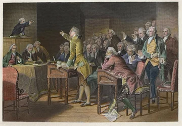 Stamp Act - Amerikaanse revolutionaire leider Patrick Henry spreekt zich uit tegen de Stamp Act in het Virginia House of Burgesses in 1765