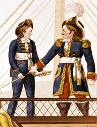 Surcouf aan boord van zijn boot Emile. Populaire gravure, begin 19e eeuw, Parijs