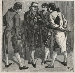 Test van de Braziliaanse nepdiamant door John Mawe (1764-1829) Britse mineralogist. Gravure uit 1885 in 