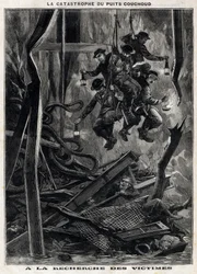 De ramp in de Couchoud-put: reddingswerkers gaan op zoek naar slachtoffers in een van de mijnen van de Peronniere bij Grand Croix nabij Saint Etienne. Gravure. In 