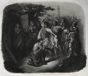 De onthoofding van Sint Julianus (Martelaarschap). Gravure uit 1846 in 