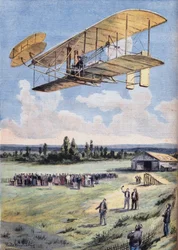 De vliegende mannen: de ervaringen van Wilbur Wright (1867-1912) boven het Hunaudieres-renbaan, nabij de stad Le Mans. Gravure uit de krant 