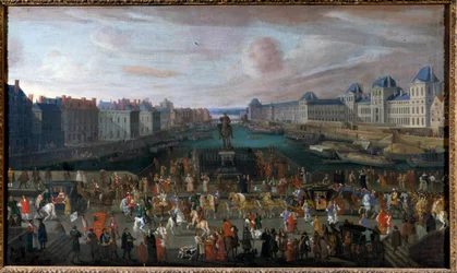 De Pont Neuf gezien vanaf de ingang van Place Dauphine, de Quai Malaquais met het College van Vier Naties (Institut de France) in aanbouw