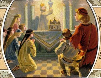 De zoektocht naar de Heilige Graal, een heilig vat dat bloed zou hebben opgevangen uit de wonden van Jezus Christus tijdens de kruisiging. Chromolithografie uit de late 19e eeuw.