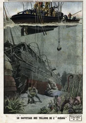 De redding van de miljoenen van de Oceana: Duikers duiken bij Eastbourne om de 18 miljoen metaal op te halen die de Britse lijnboot naar India zou vervoeren. Gravure in "Le Petit Journal", op 19/05/1912. Privécollectie.