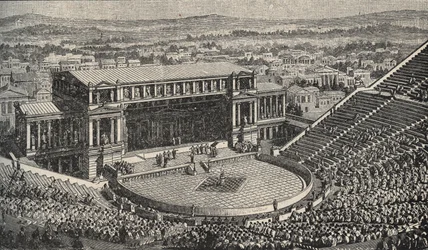 Het Theater van Dionysos, de Akropolis, Athene, Griekenland - reconstructie uit 1890 van het Theater van Dionysos in het antieke Athene, Griekenland - gravure, 1890