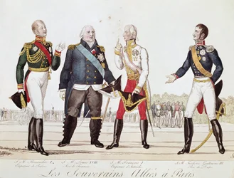 De geallieerde vorsten: Alexander I van Rusland, Lodewijk XVIII van Frankrijk, Frans II van Oostenrijk en Frederik Willem III van Pruisen tijdens de ondertekening van het Alliantieverdrag in Parijs september 1815