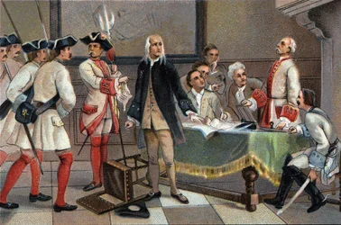 De arrestatie van Francois Anneessens in 1719 voor het zijn van de belangrijkste aanstichter van de Brusselse rellen in 1717. Reclame chromolithografie van Antoine chocolade in Brussel, begin 20e eeuw. Privécollectie.