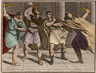 De moord op de Romeinse keizer Julius Caesar (Jules César - Giulio Cesare of Gaius Julius Caesar) op 15 maart 44 v.Chr. - gravure uit “The Rollin of Youth or Chosen Pieces of Ancient and Roman Stories”, 1816 - privécollectie