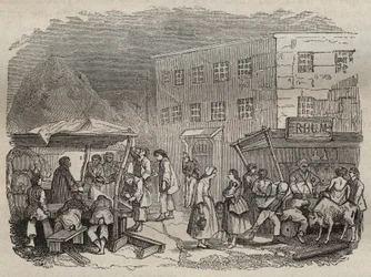 De kantine van de Rochefort Bagne in de 19e eeuw. Gravure in Histoire des bagnes depuis leur création à nos jours (1877) door Pierre Zaccone. Privécollectie.