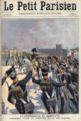 Het eeuwfeest van Saint Cyr: Napoleon I Bonaparte inspecteert de eerste keer de studenten van de militaire school. In 