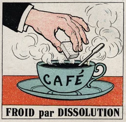 De koude industrie: koude door oplossing. Een suiker in een kop hete koffie doen maakt de koffie koud. Anonieme illustratie uit 1925. Privécollectie
