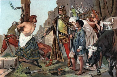 De rechtvaardigheid van Boudewijn VII (1092-1119), graaf van Vlaanderen bijgenaamd de bijl. Reclamechromolithografie van Antoine-chocolade in Brussel, begin 20e eeuw. Privécollectie