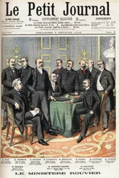 Het ministerie van Rouvier: Onder van links naar rechts: Joseph Ruau, Minister van Landbouw, Gaston Thomson, Minister van Marine, Maurice Rouvier, President van de Raad en Minister van Financiën, Etienne Clementel