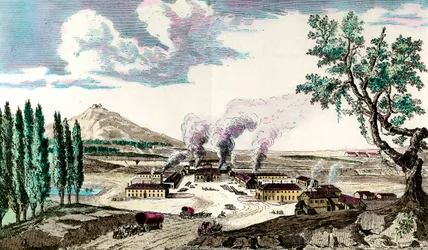 De koninklijke gieterij in Le Creusot (Saône en Loire) in 1787. Het vervaardigde onder andere de bewapening van het Franse leger. Gravure uit de 18e eeuw. Privécollectie