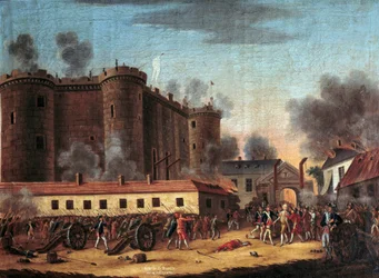 De bestorming van de Bastille op 14 juli 1789 en de arrestatie van Monsieur de Launay. Markies Bernard René Jordan de Launay (1740-1789), gouverneur van de Bastille.