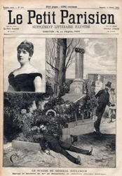 De zelfmoord van generaal Georges Boulanger (1837-1891) op de begraafplaats van Ixelles in België voor het graf van Madame Bonnemains. Gravure in “Le Petit Parisien” uit 1891. Privécollectie.