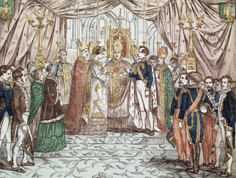 De bruiloft van Napoleon III en Eugenia Maria de Montijo de Guzman, op 30/01/1853 in de Kathedraal van Onze-Lieve-Vrouw (gravure)