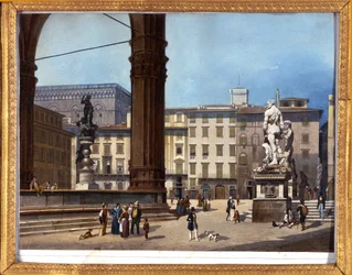 Zicht op de Loggia dei Lanzi (1576-1582) op Piazza della Signoria in Florence. Anoniem schilderij uit de 19e eeuw
