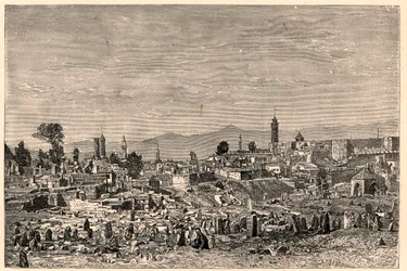 Zicht op de stad Erzurum in Armenië (nu Turkije). Gravure in 