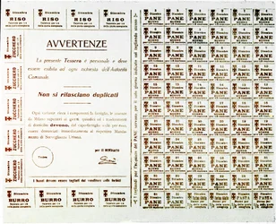 Eerste Wereldoorlog: rantsoenbonnen voor brood, boter, suiker en rijst (druk, ca. 1914-1918)