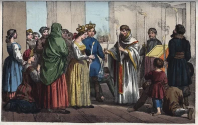 Huwelijken in Rusland in de 18e eeuw - gravure uit 