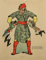 Wilhelm II van Pruisen en Frans Jozef I van Oostenrijk bij de nek vastgehouden door een Russische reus. - Russische Eerste Wereldoorlog Propagandaposter door Anoniem